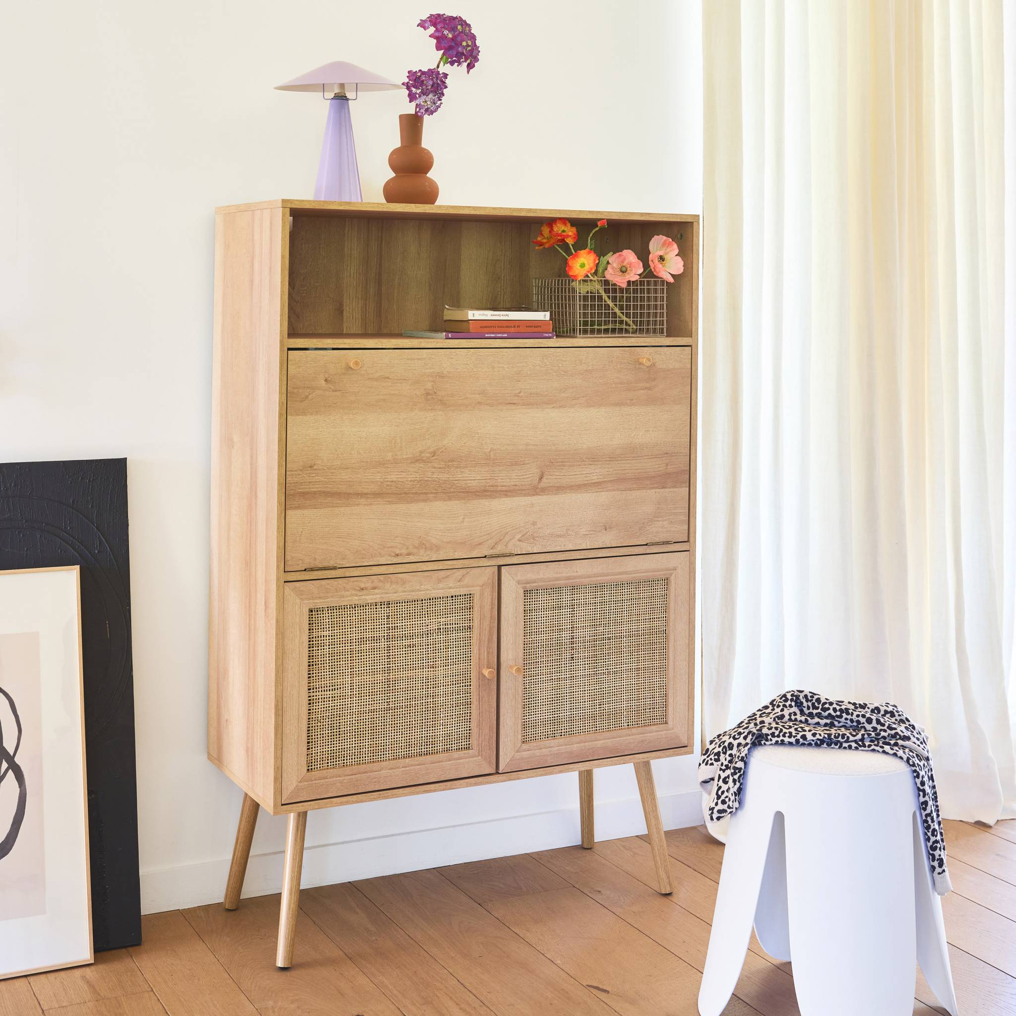 Scrittoio effetto legno e canna da zuccheroa, 2 ante con ripiani,