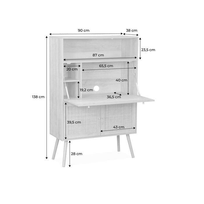 Scrittoio effetto legno e canna da zuccheroa, 2 ante con ripiani,