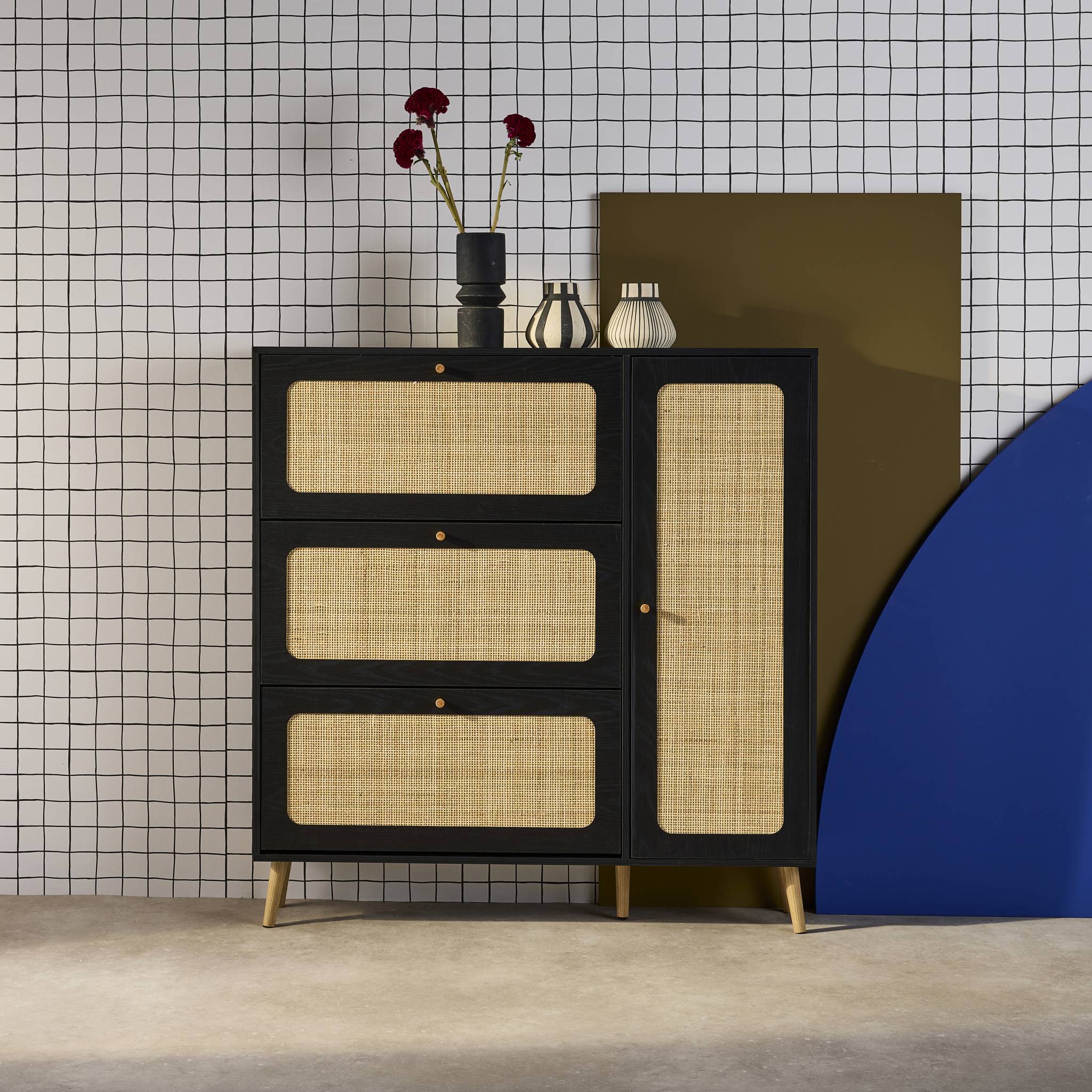 Scarpiera con intreccio 3 cassetti, nero