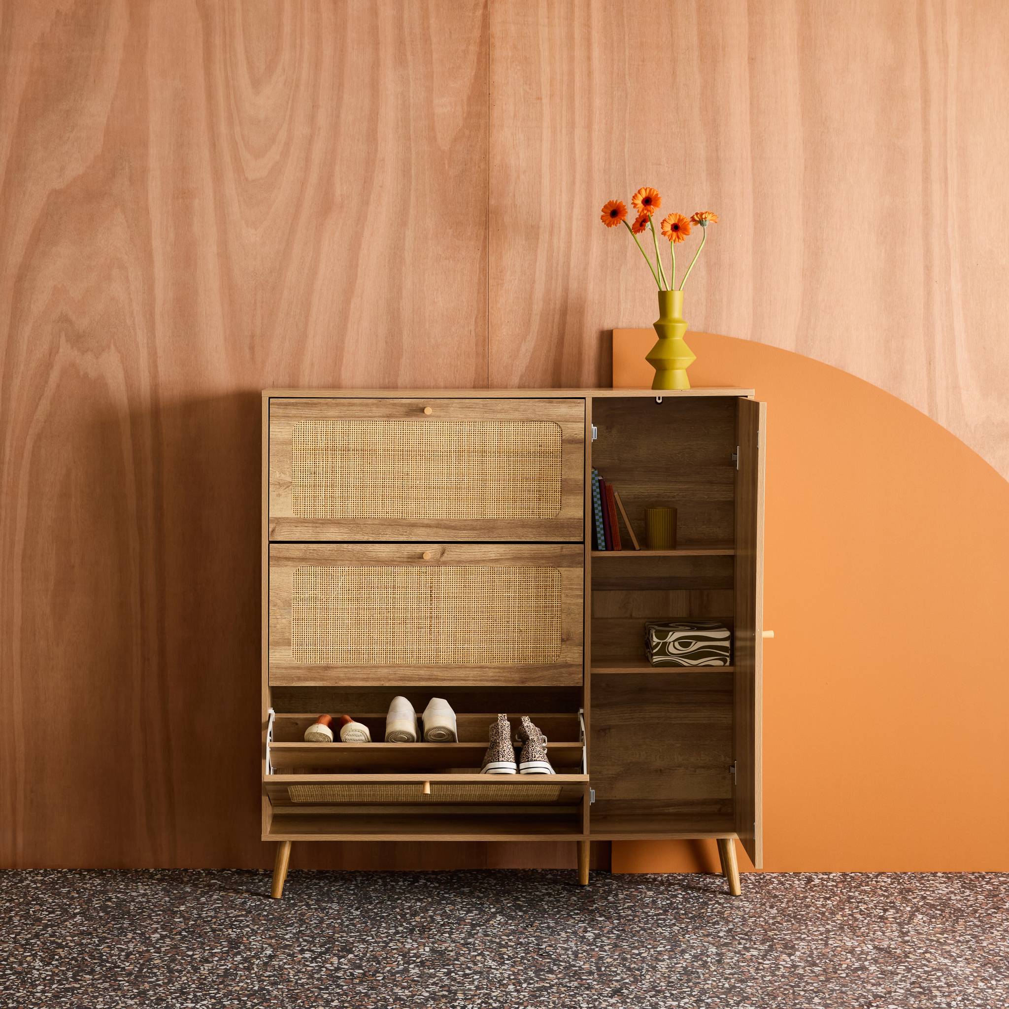 Scarpiera con intreccio 3 cassetti, marrone naturale