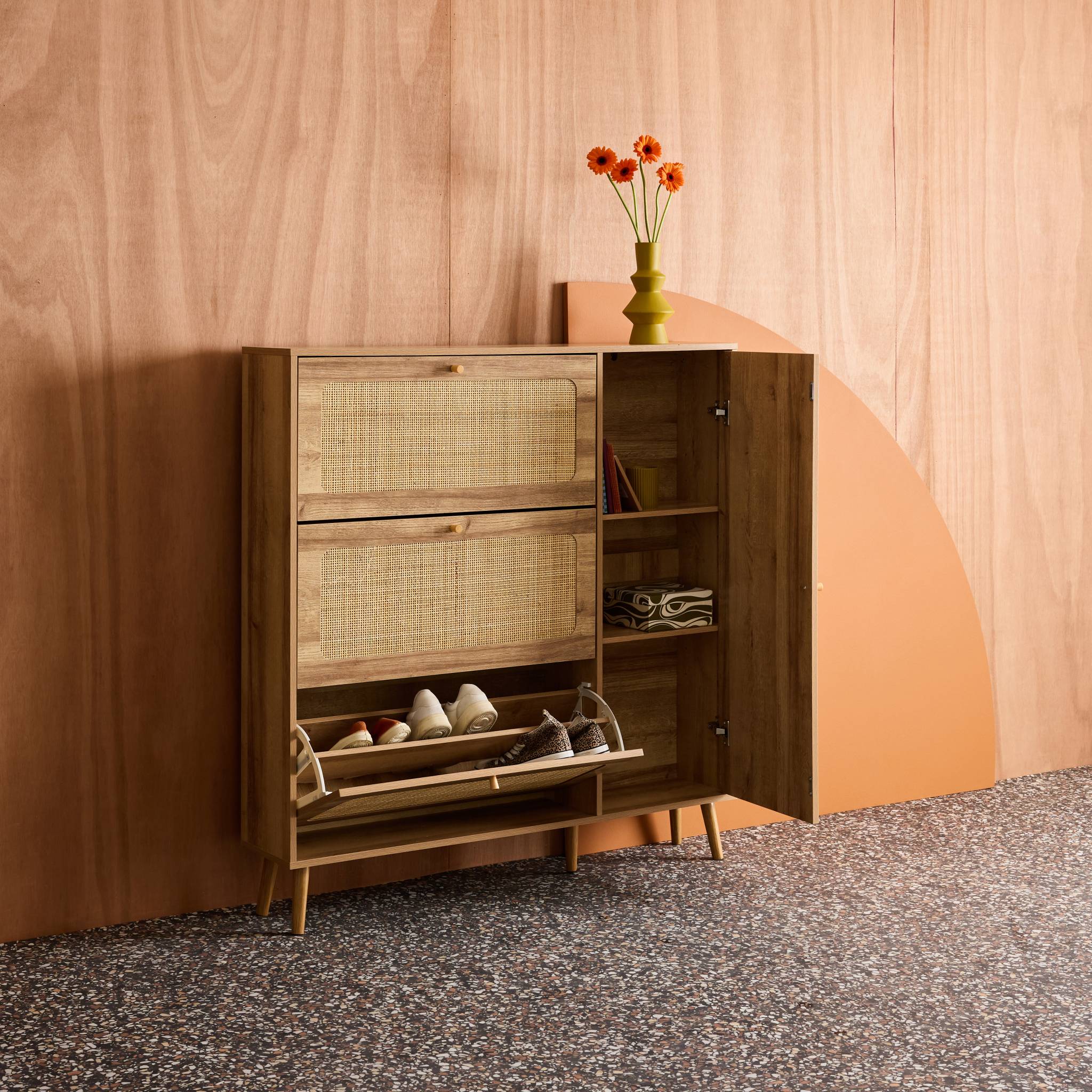 Scarpiera con intreccio 3 cassetti, marrone naturale
