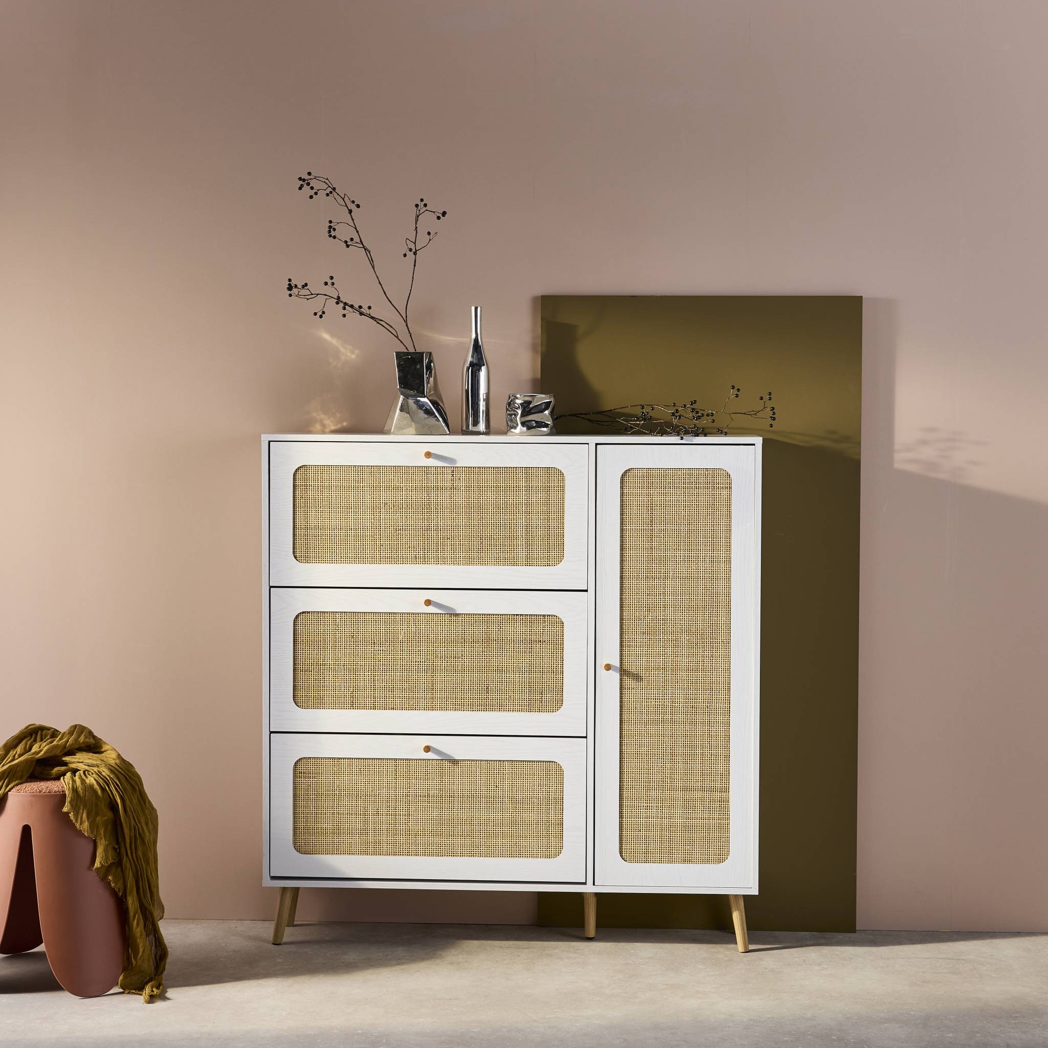 Scarpiera con intreccio 3 cassetti, bianco sporco