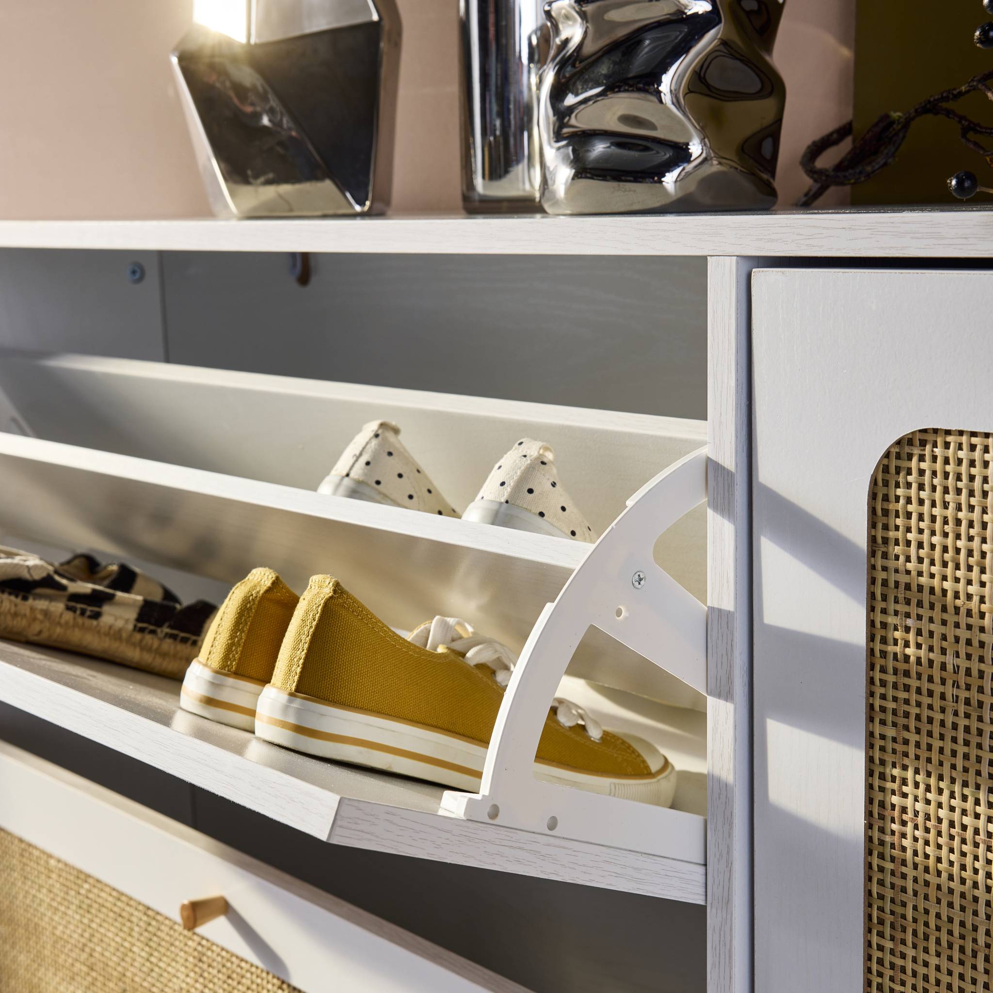 Scarpiera con intreccio 3 cassetti, bianco sporco