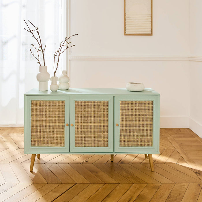 Credenza in cannage 3 porte, 120cm, verde celadon