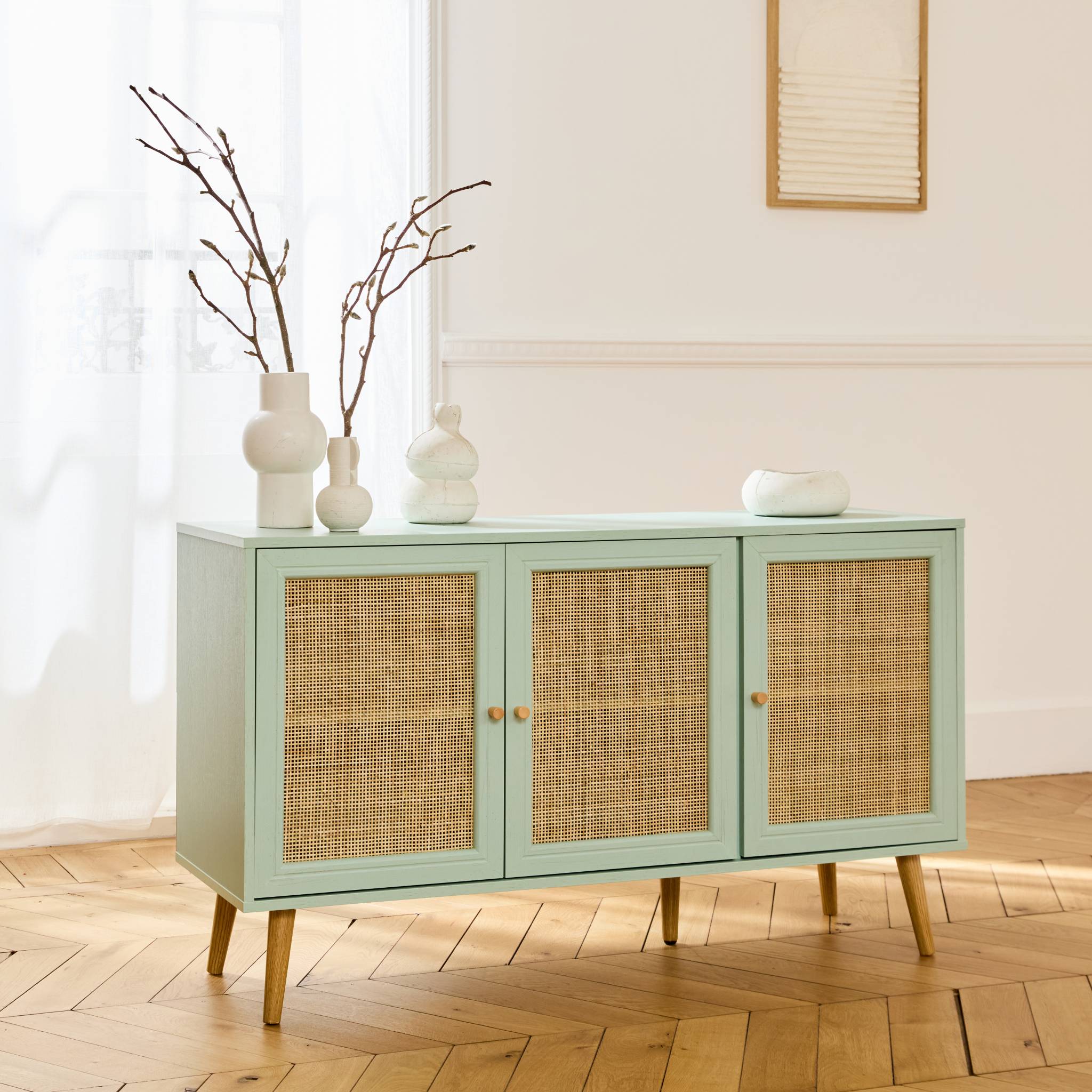 Credenza in cannage 3 porte, 120cm, verde celadon