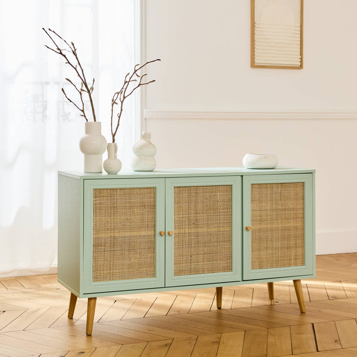 Credenza in cannage 3 porte, 120cm, verde celadon