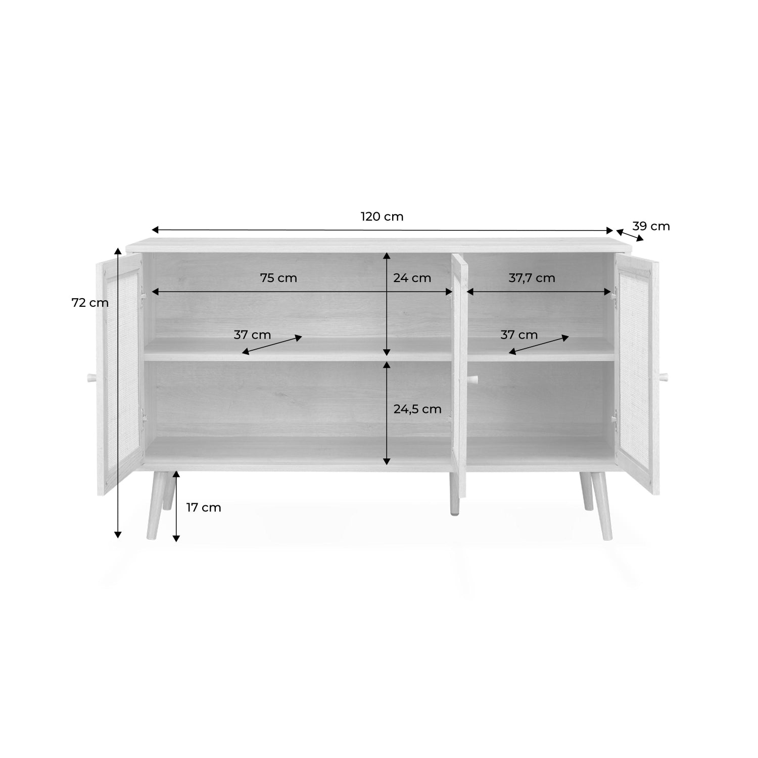 Credenza in cannage 3 porte, 120cm, verde celadon