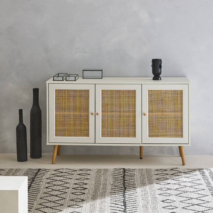 Credenza in cannage 3 porte, 120cm, bianco sporco