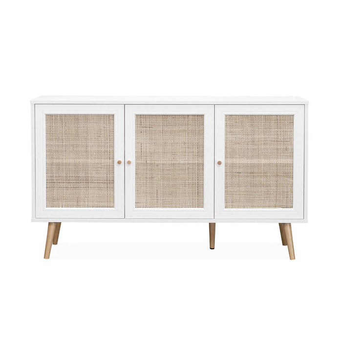 Credenza in cannage 3 porte, 120cm, bianco sporco