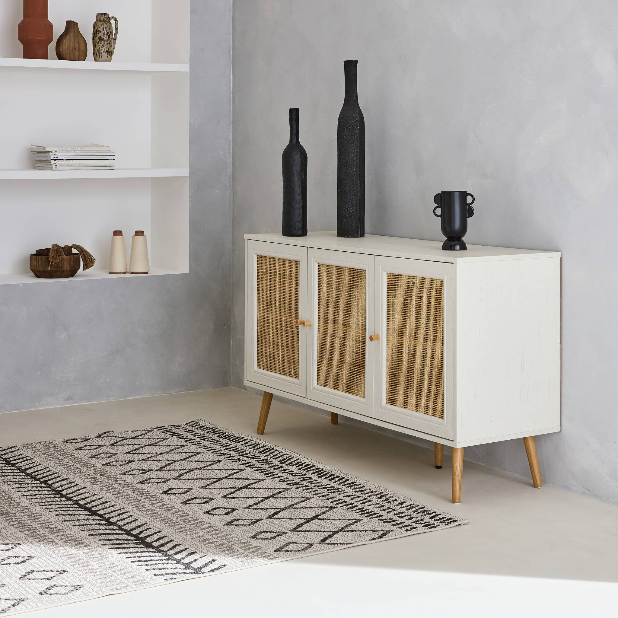 Credenza in cannage 3 porte, 120cm, bianco sporco