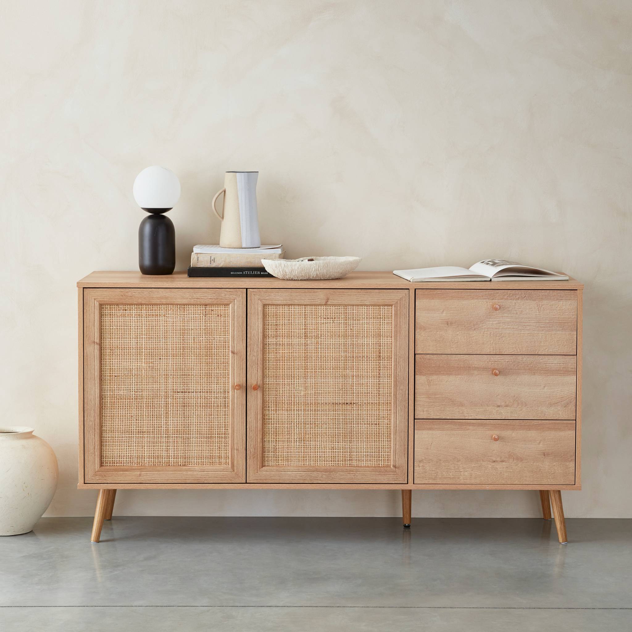 Credenza scandinava a 2 ante in canna, 150cm, marrone naturale