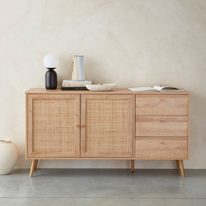 Credenza scandinava a 2 ante in canna, 150cm, marrone naturale