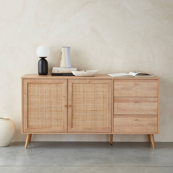 Credenza scandinava a 2 ante in canna, 150cm, marrone naturale
