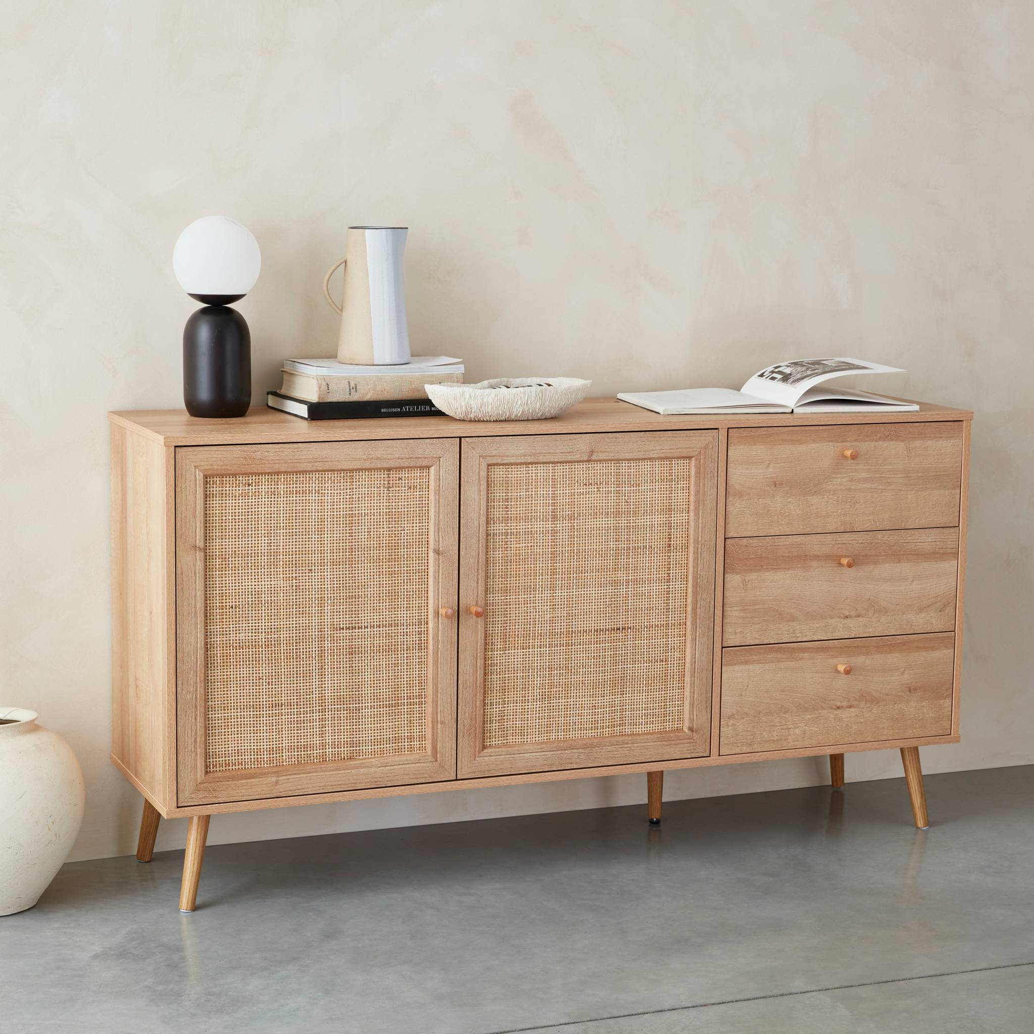 Credenza scandinava a 2 ante in canna, 150cm, marrone naturale