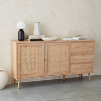 Credenza scandinava a 2 ante in canna, 150cm, marrone naturale