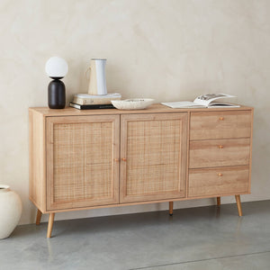 Credenza scandinava a 2 ante in canna, 150cm, marrone naturale