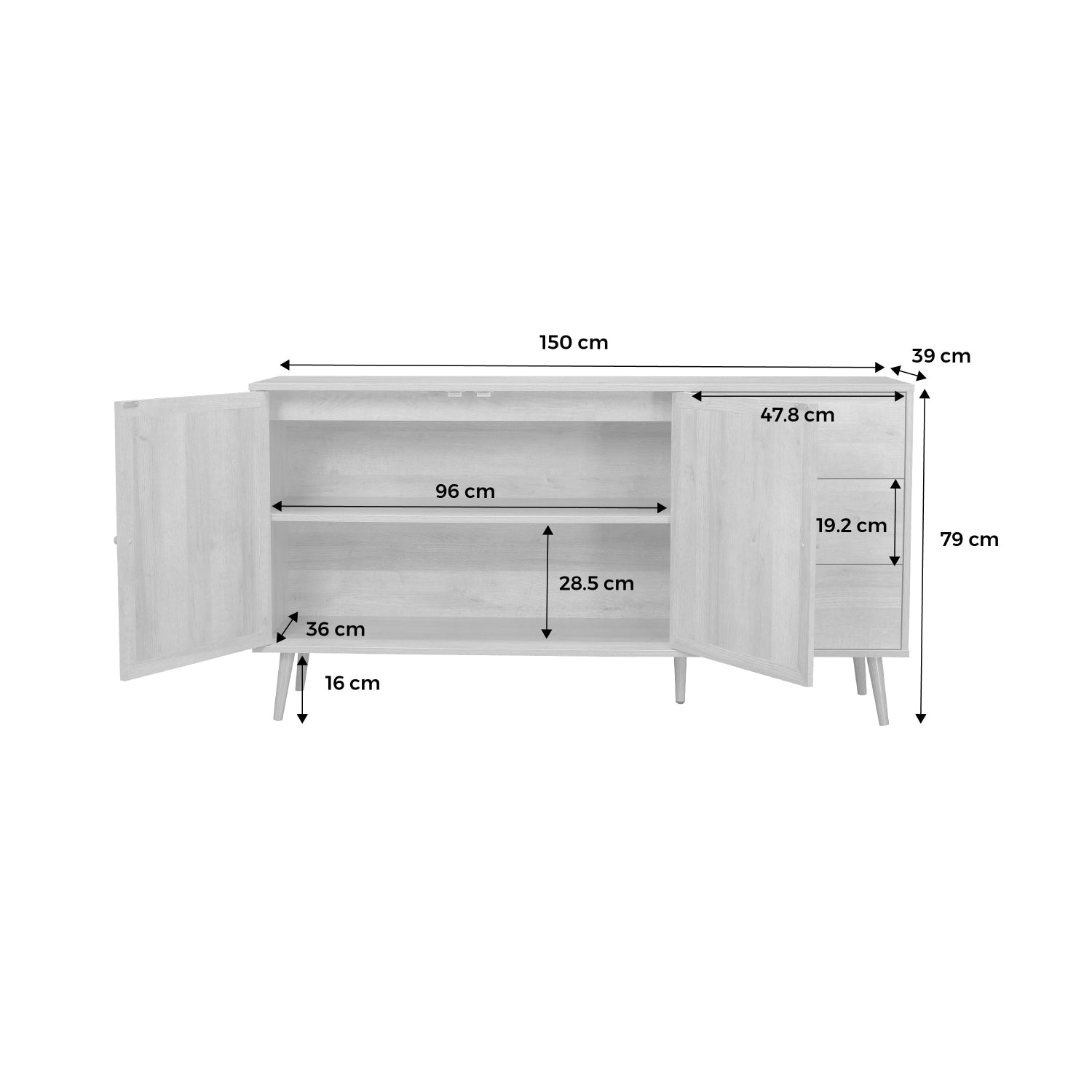 Credenza scandinava a 2 ante in canna, 150cm, marrone naturale