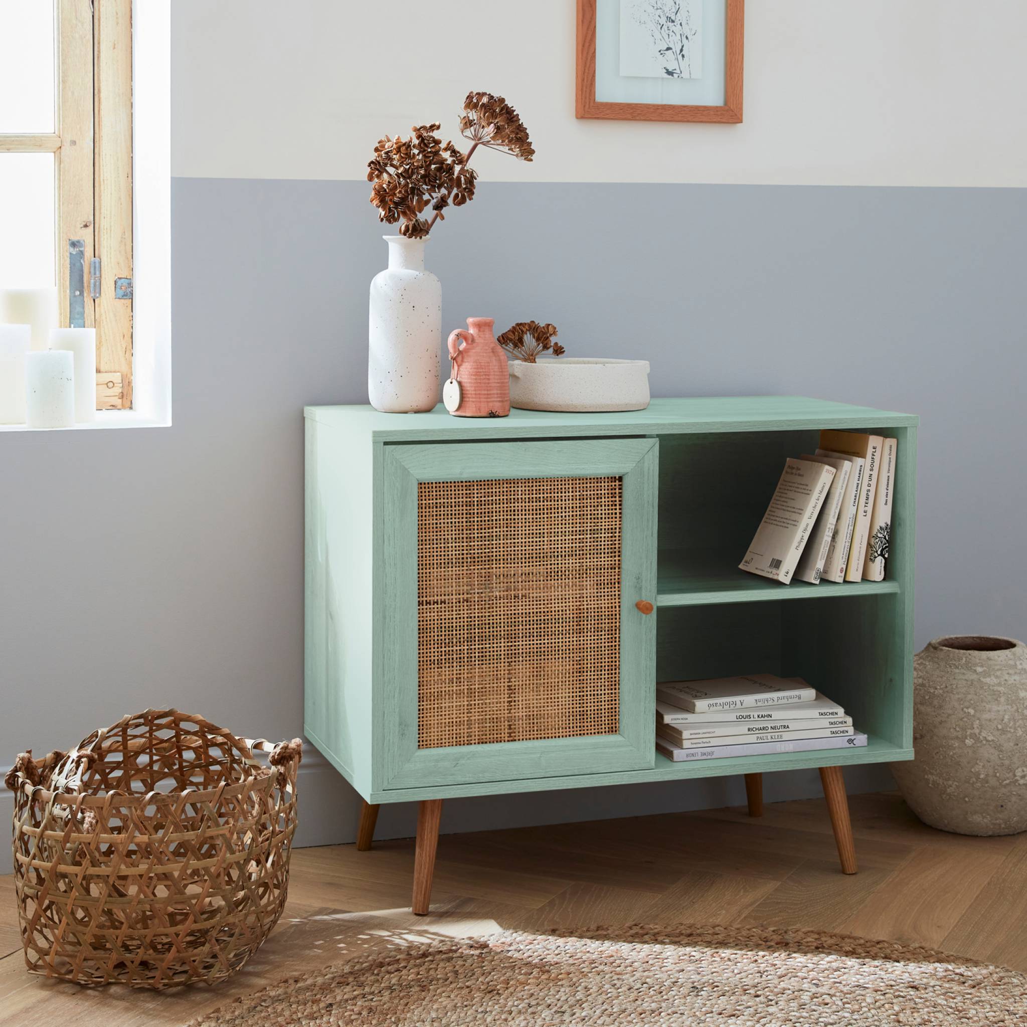 Credenza in cannage, 1 anta, 80cm, verde celadon