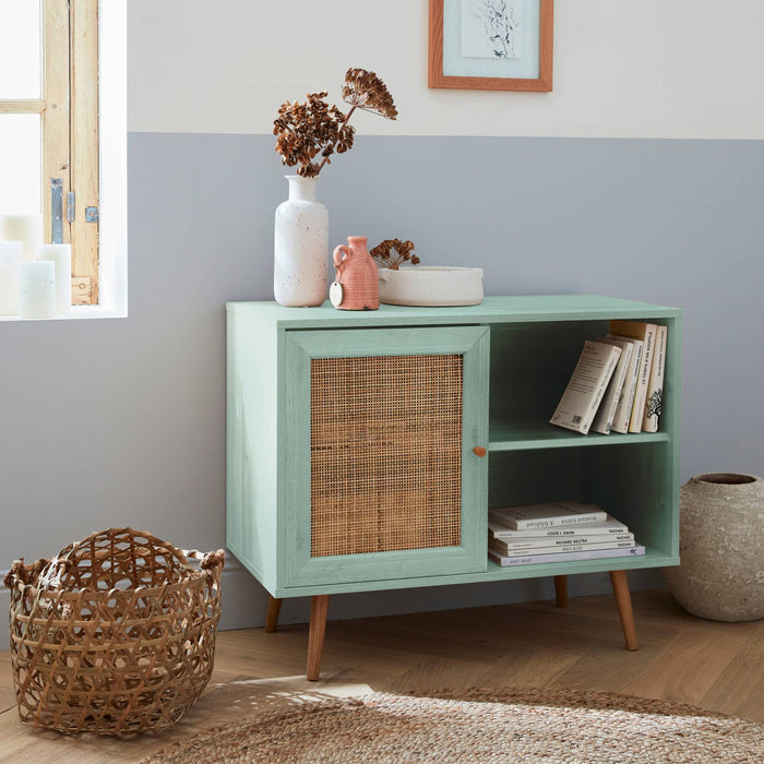 Credenza in cannage, 1 anta, 80cm, verde celadon