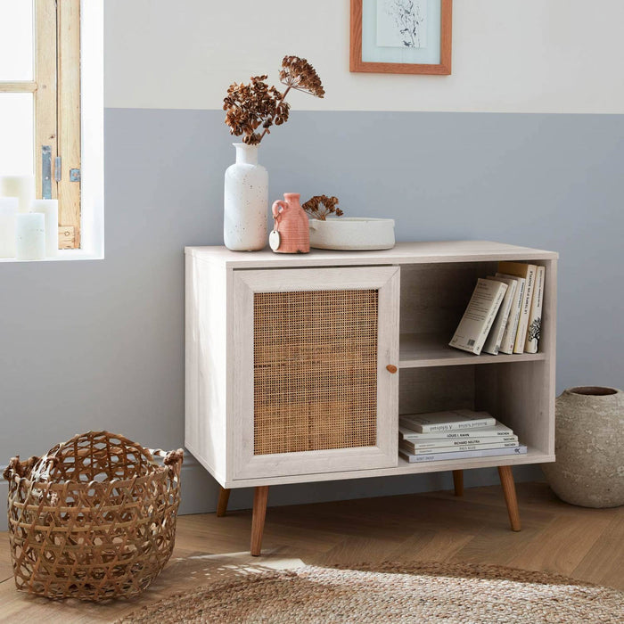 Credenza in cannage, 1 anta, 80cm, bianco sporco