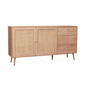 Credenza scandinava a 2 ante in canna, 150cm, marrone naturale