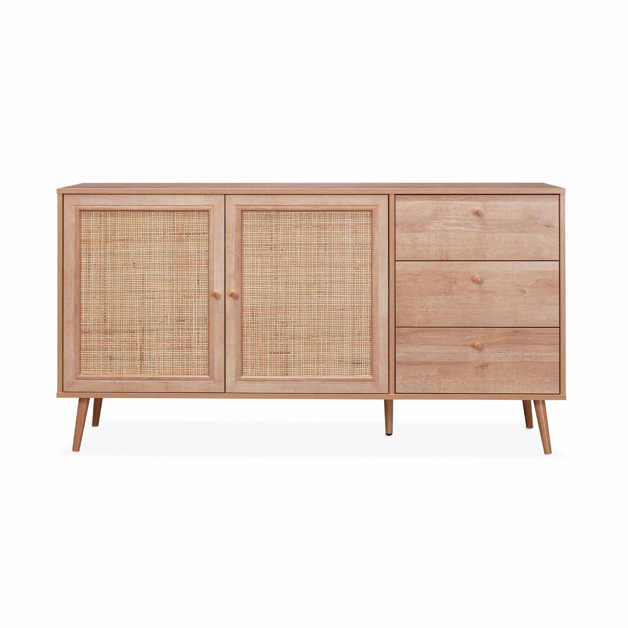 Credenza scandinava a 2 ante in canna, 150cm, marrone naturale