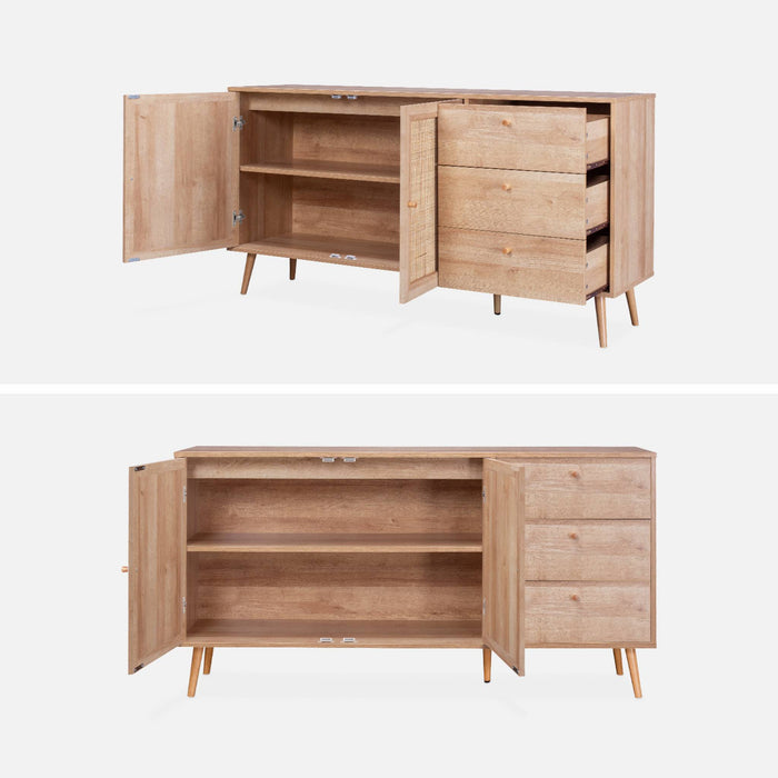 Credenza scandinava a 2 ante in canna, 150cm, marrone naturale