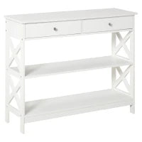 Tavolo Consolle con 2 Cassetti e 2 Mensole, Consolle Ingresso e Soggiorno in MDF, 100x30.5x80cm, Bianco