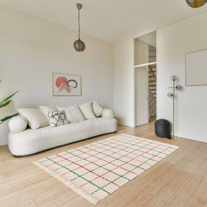 Tappeto interno shaggy motivo a griglia multicolore con frange