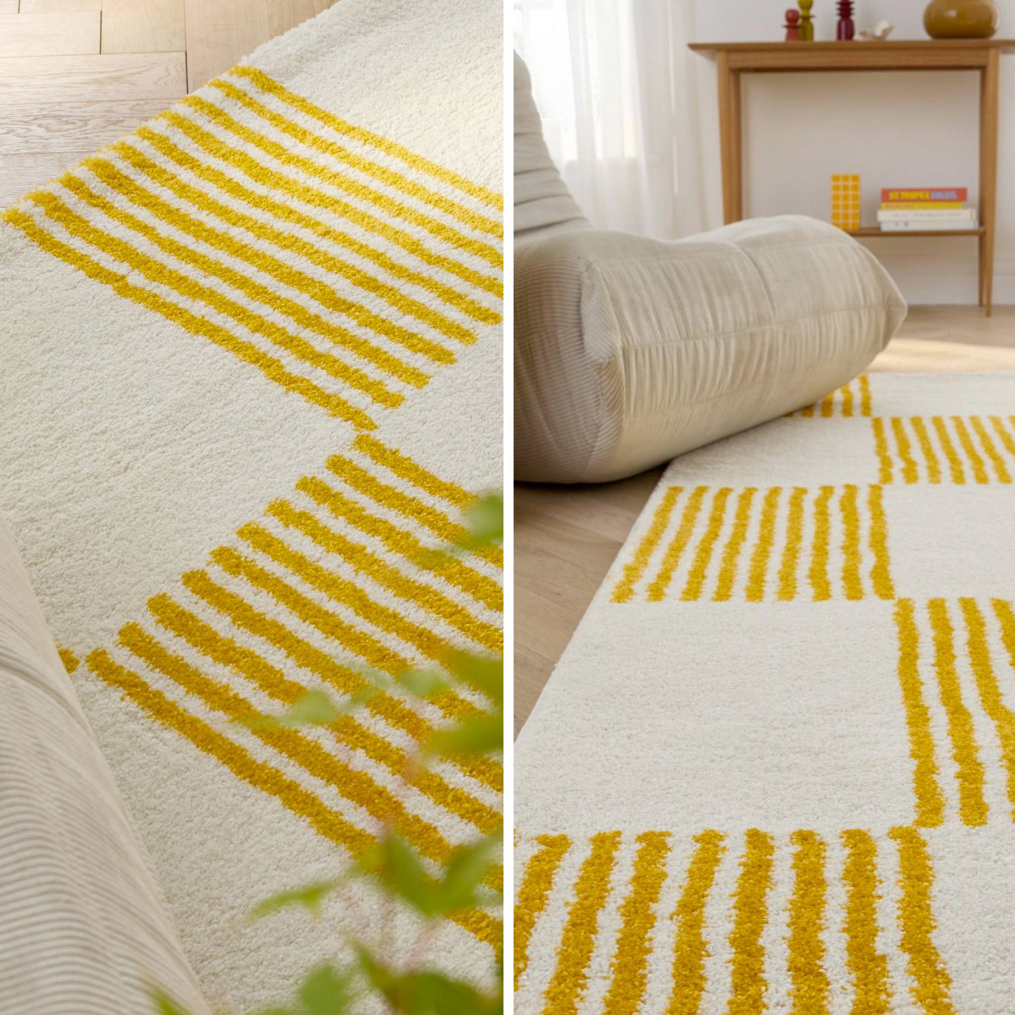 Tappeto interno a scacchi giallo e bianco