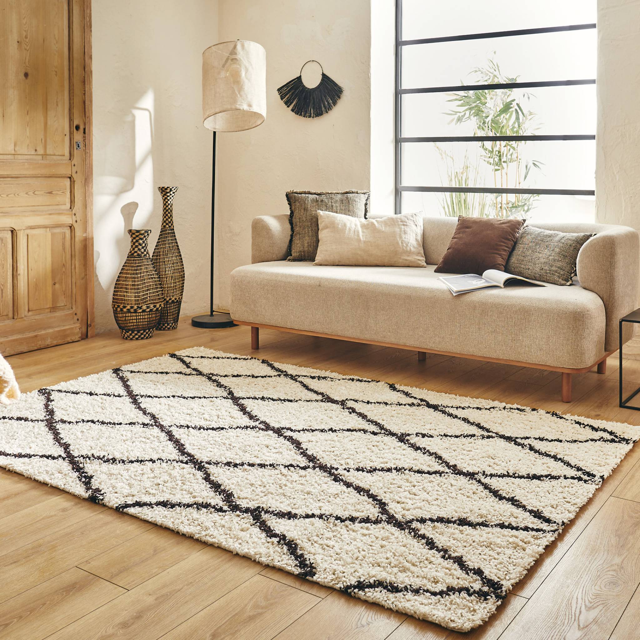 Tappeto interno shaggy, stile berbero, bianco e nero