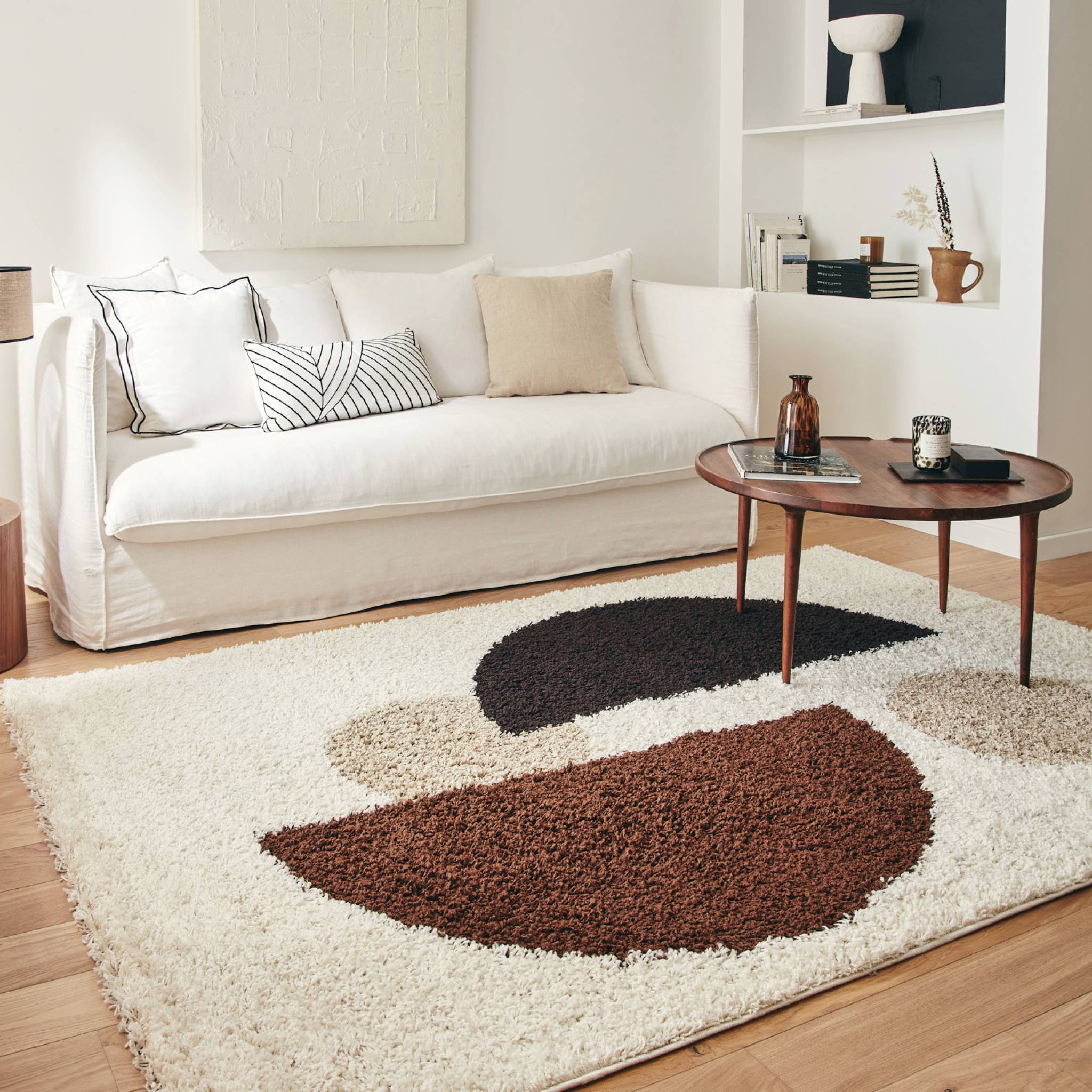 Tappeto interno shaggy motivi circolari beige, marrone, nero