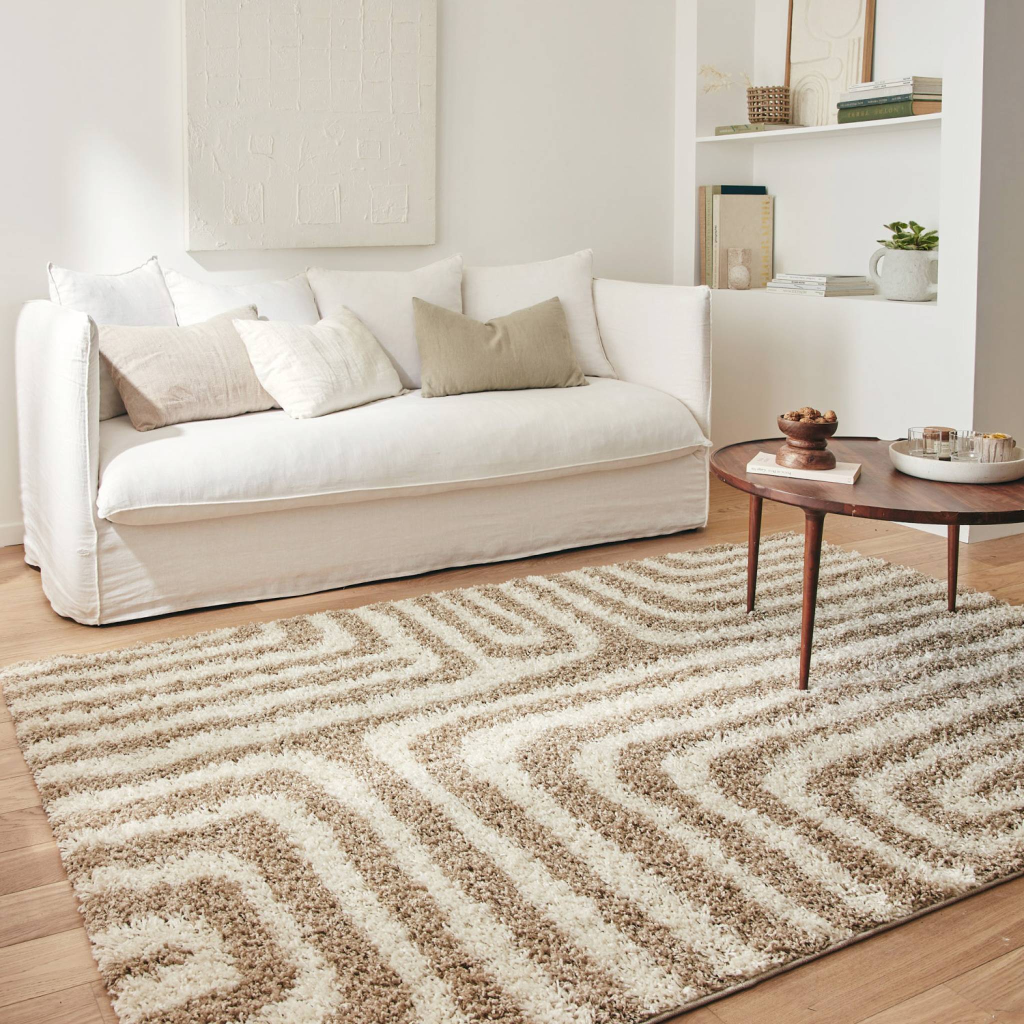 Tappeto interno shaggy motivi geometrici beige