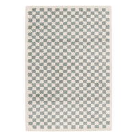 Tappeto a scacchiera di colore azzurro e crema