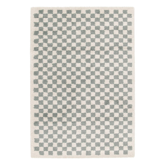 Tappeto a scacchiera di colore azzurro e crema