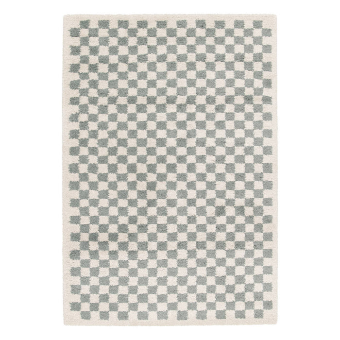 Tappeto a scacchiera di colore azzurro e crema