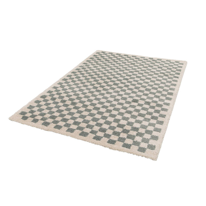 Tappeto a scacchiera di colore azzurro e crema