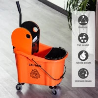 Secchio per Mocio Professionale 36L, Carrello Lavapavimenti con Strizzatore Manuale e 2 Secchi, Arancione e Nero