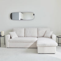 Divano letto angolare e reversibile, 3 posti in tessuto bouclé, crema