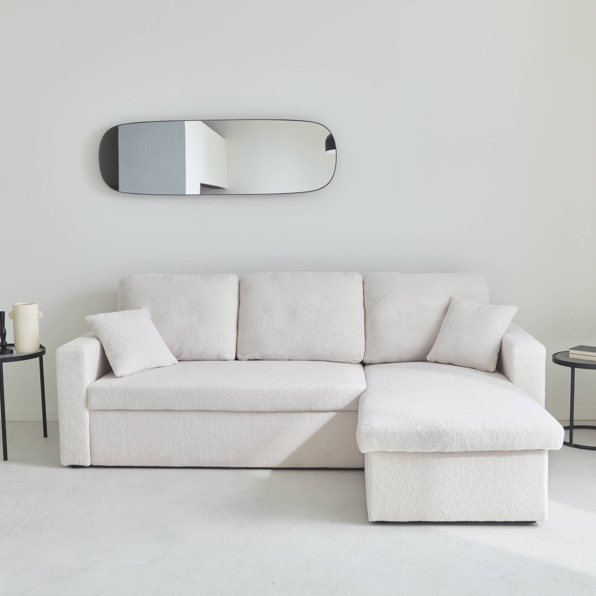 Divano letto angolare e reversibile, 3 posti in tessuto bouclé, crema