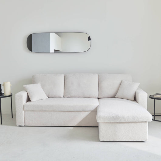 Divano letto angolare e reversibile, 3 posti in tessuto bouclé, crema