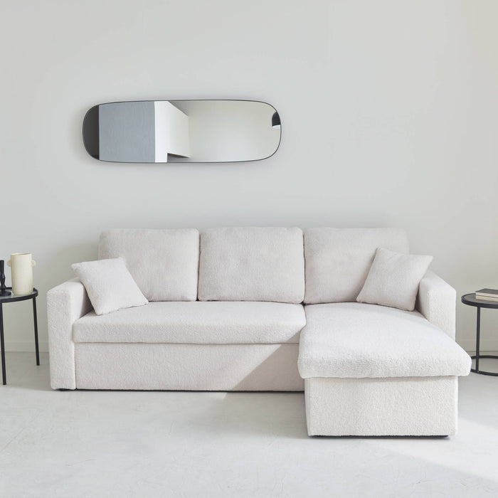 Divano letto angolare e reversibile, 3 posti in tessuto bouclé, crema