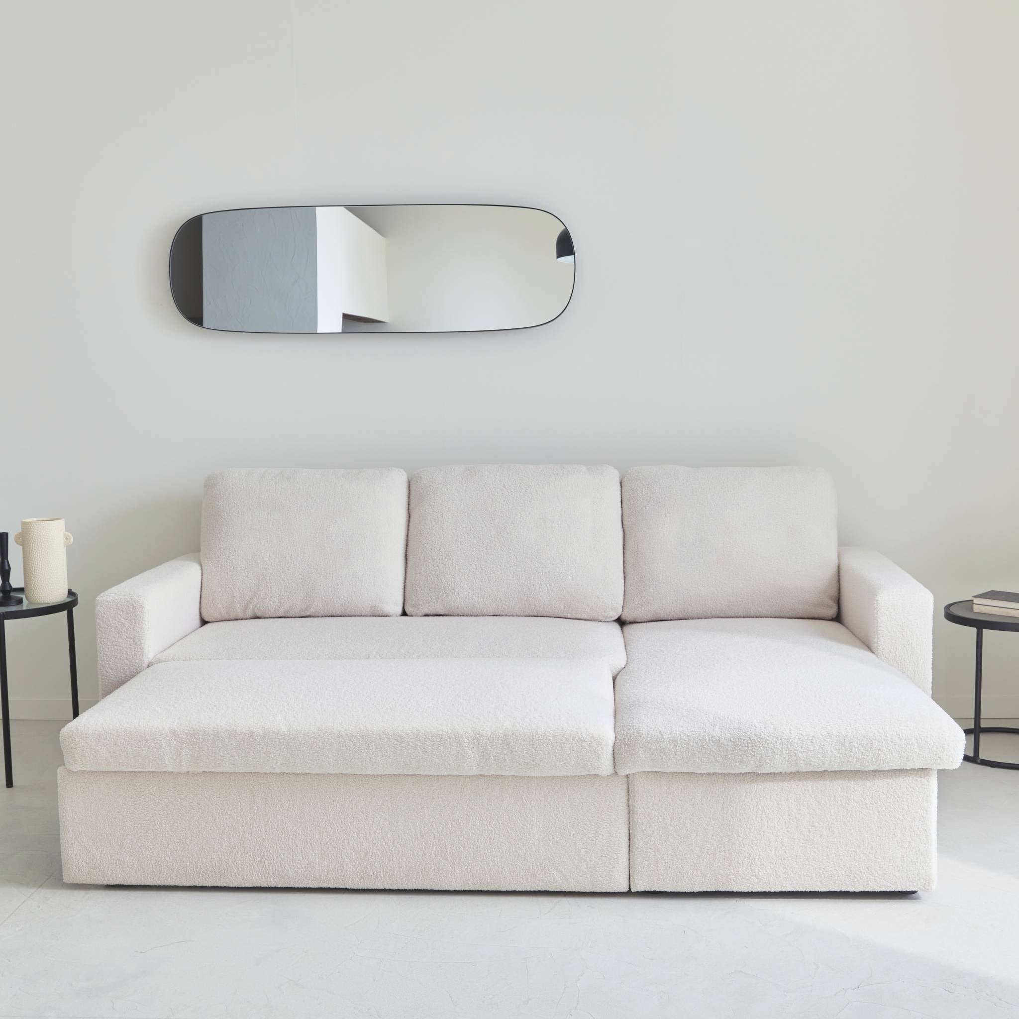 Divano letto angolare e reversibile, 3 posti in tessuto bouclé, crema