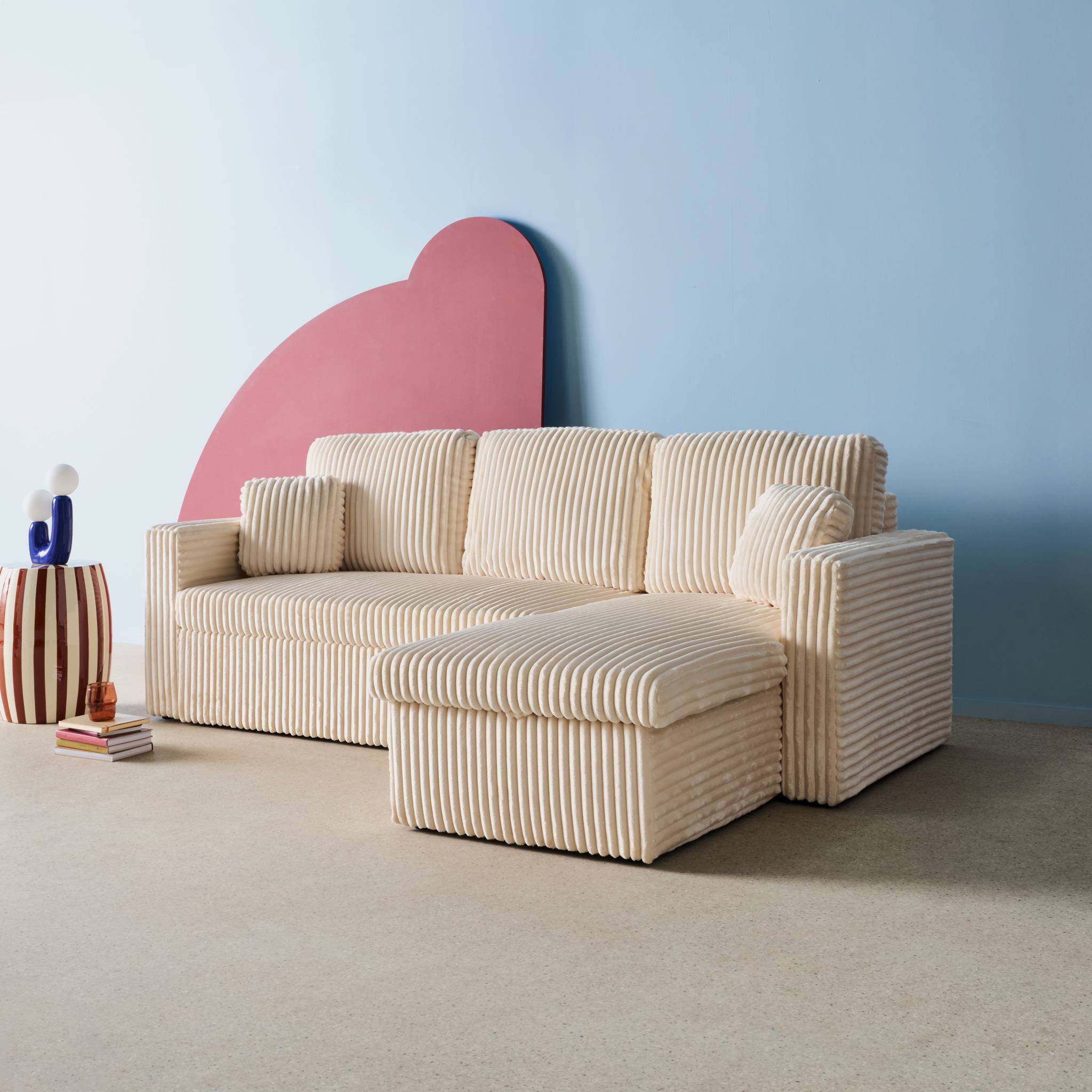 Divano letto reversibile effetto pelliccia a coste, 3 posti, crema