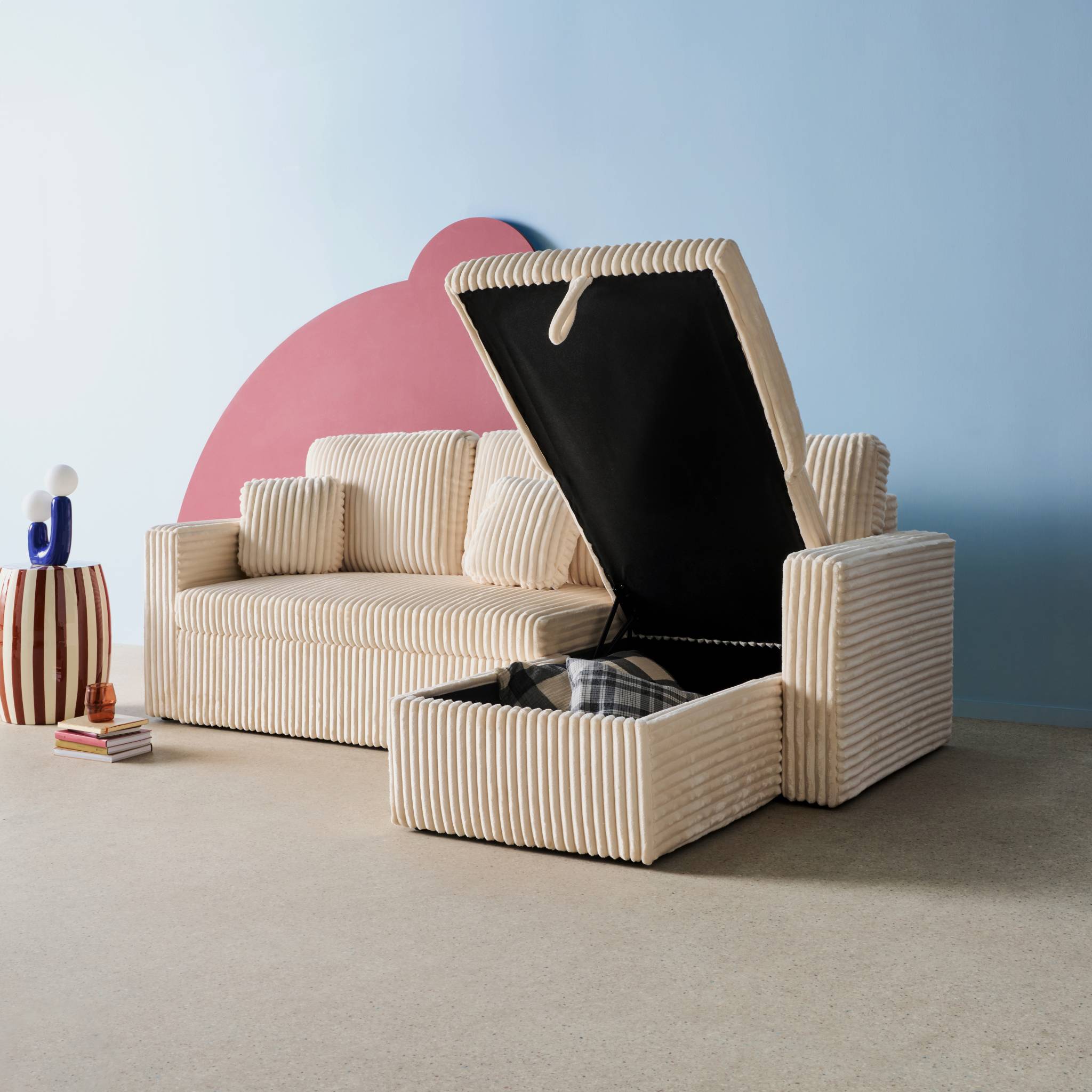 Divano letto reversibile effetto pelliccia a coste, 3 posti, crema