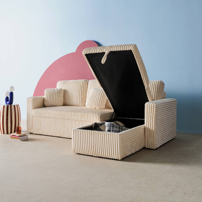 Divano letto reversibile effetto pelliccia a coste, 3 posti, crema