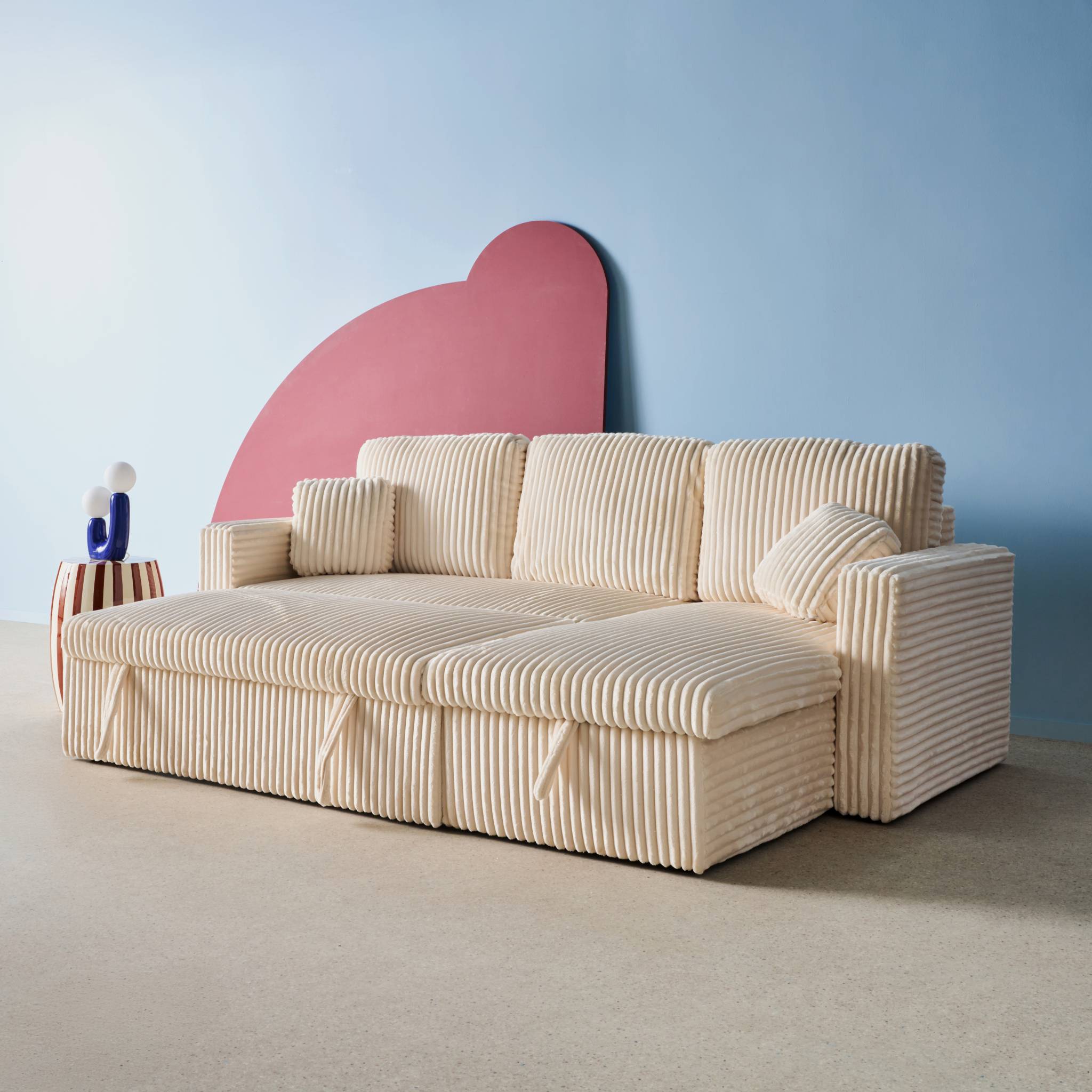 Divano letto reversibile effetto pelliccia a coste, 3 posti, crema