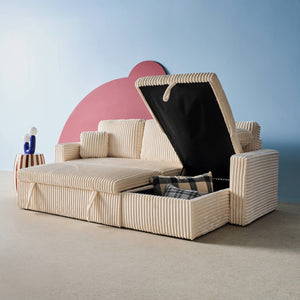 Divano letto reversibile effetto pelliccia a coste, 3 posti, crema