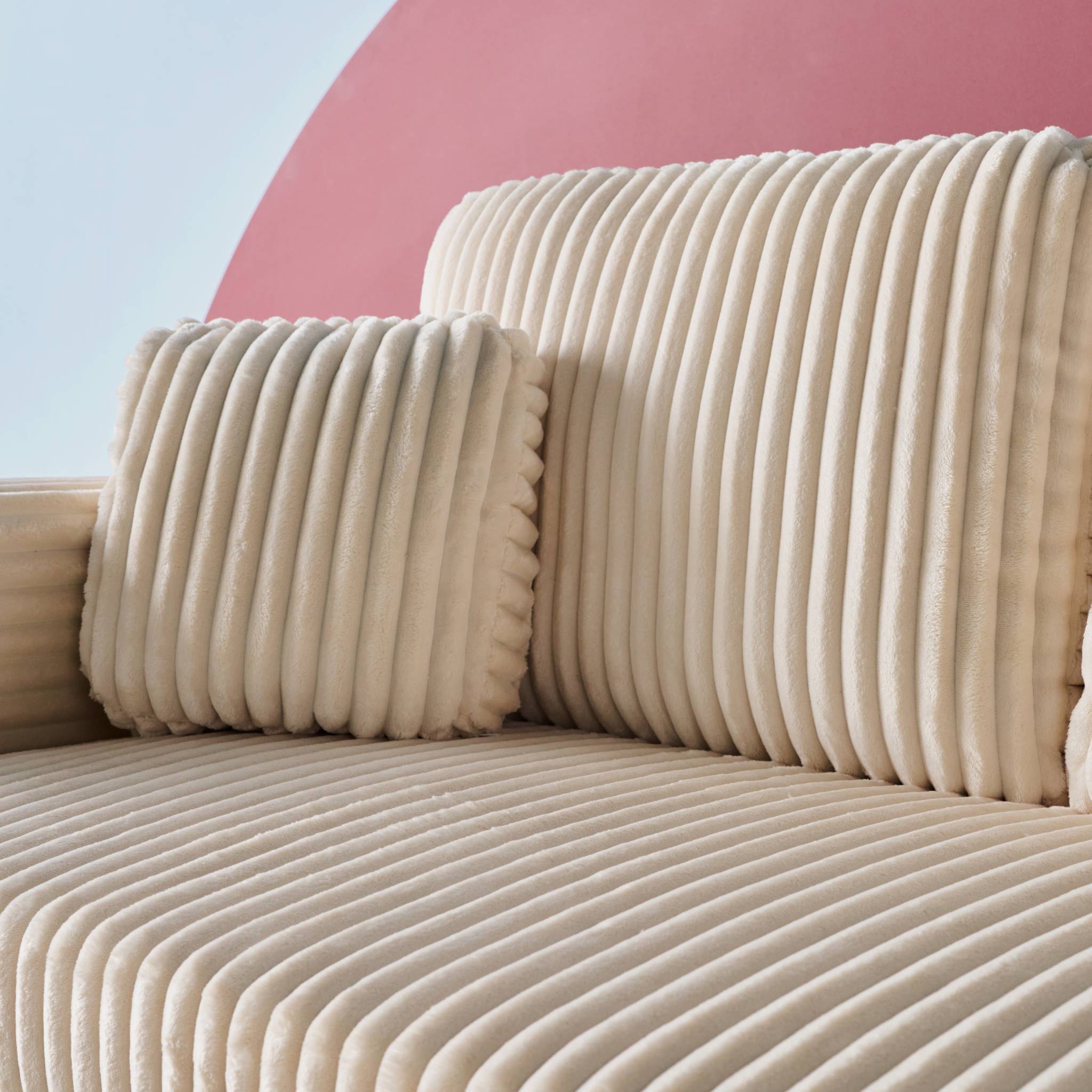 Divano letto reversibile effetto pelliccia a coste, 3 posti, crema