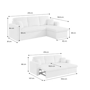 Divano letto reversibile effetto pelliccia a coste, 3 posti, crema